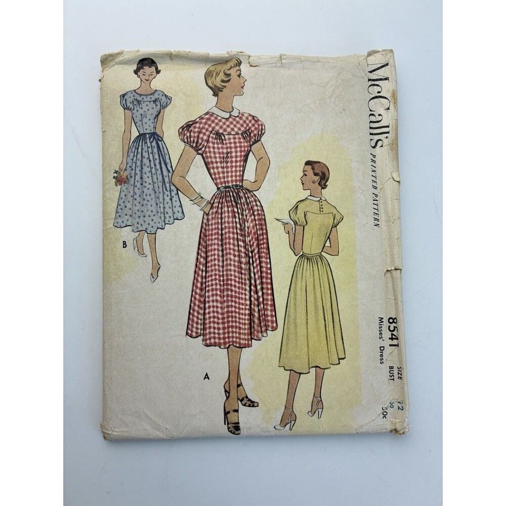 Dress Fitted Yoke Bodice Peter Pan Collar Uncut Pattern 8541 Size 12 Vtg 50s